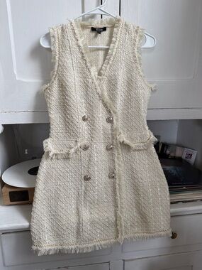 Textured Ivory Tweed Double-Breasted Dress